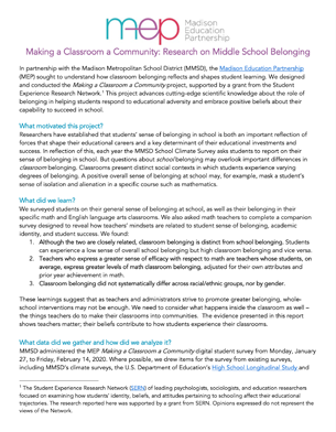 Making a Classroom a Community: Research on Middle School Belonging memo