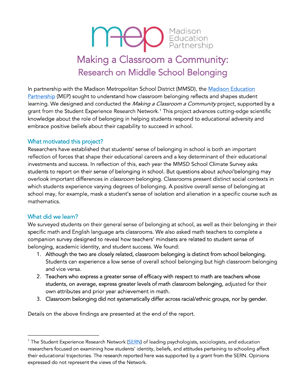 Making a Classroom a Community: Research on Middle School Belonging Report